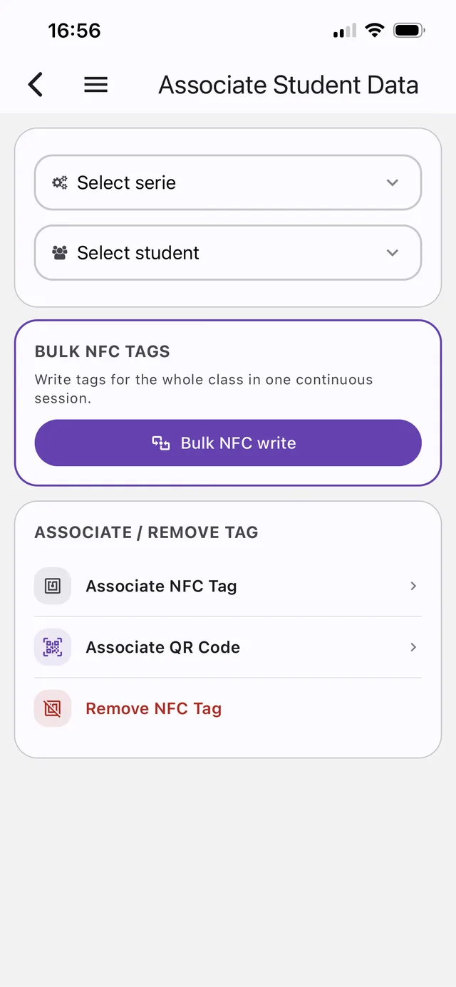 Associating a QR code or NFC tag with a student