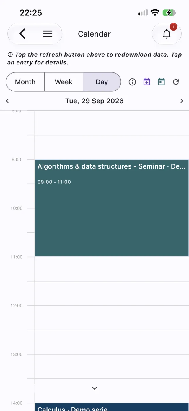 Day view showing a seminar and a course on the timeline