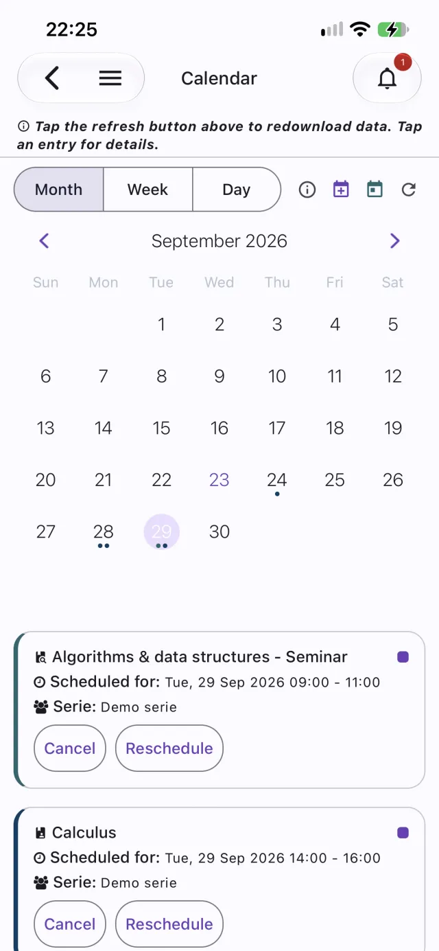 Month calendar with the day’s scheduled sessions and Cancel and Reschedule actions