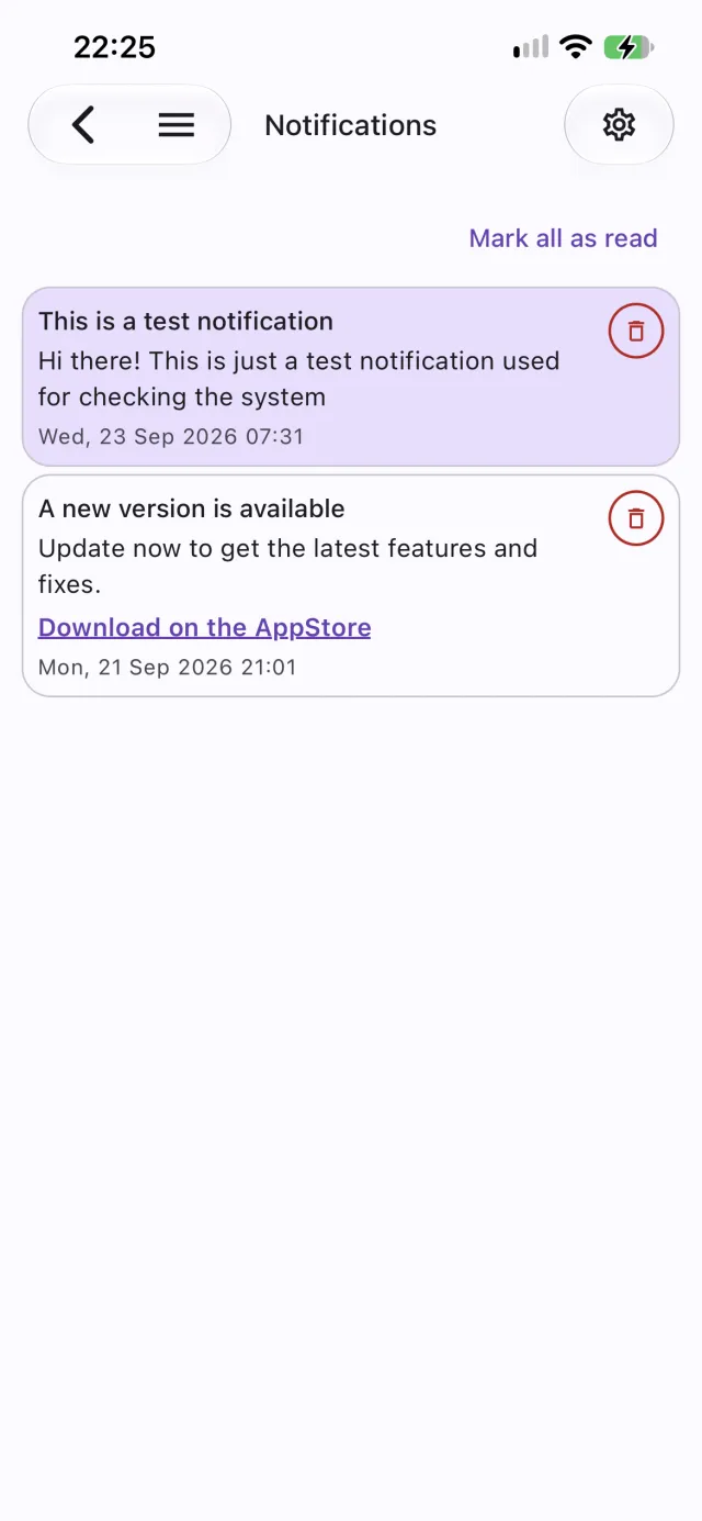 Notifications inbox with an announcement and an unread notification