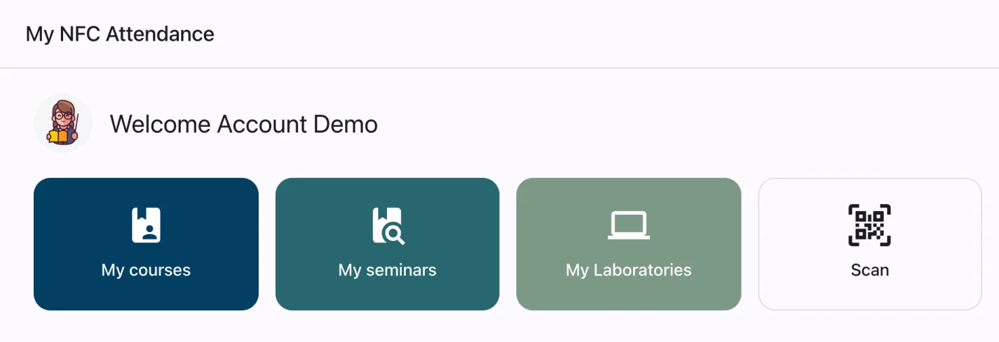 My NFC Attendance web app home screen on desktop, showing My Courses, My Seminars, My Laboratories, and Scan
