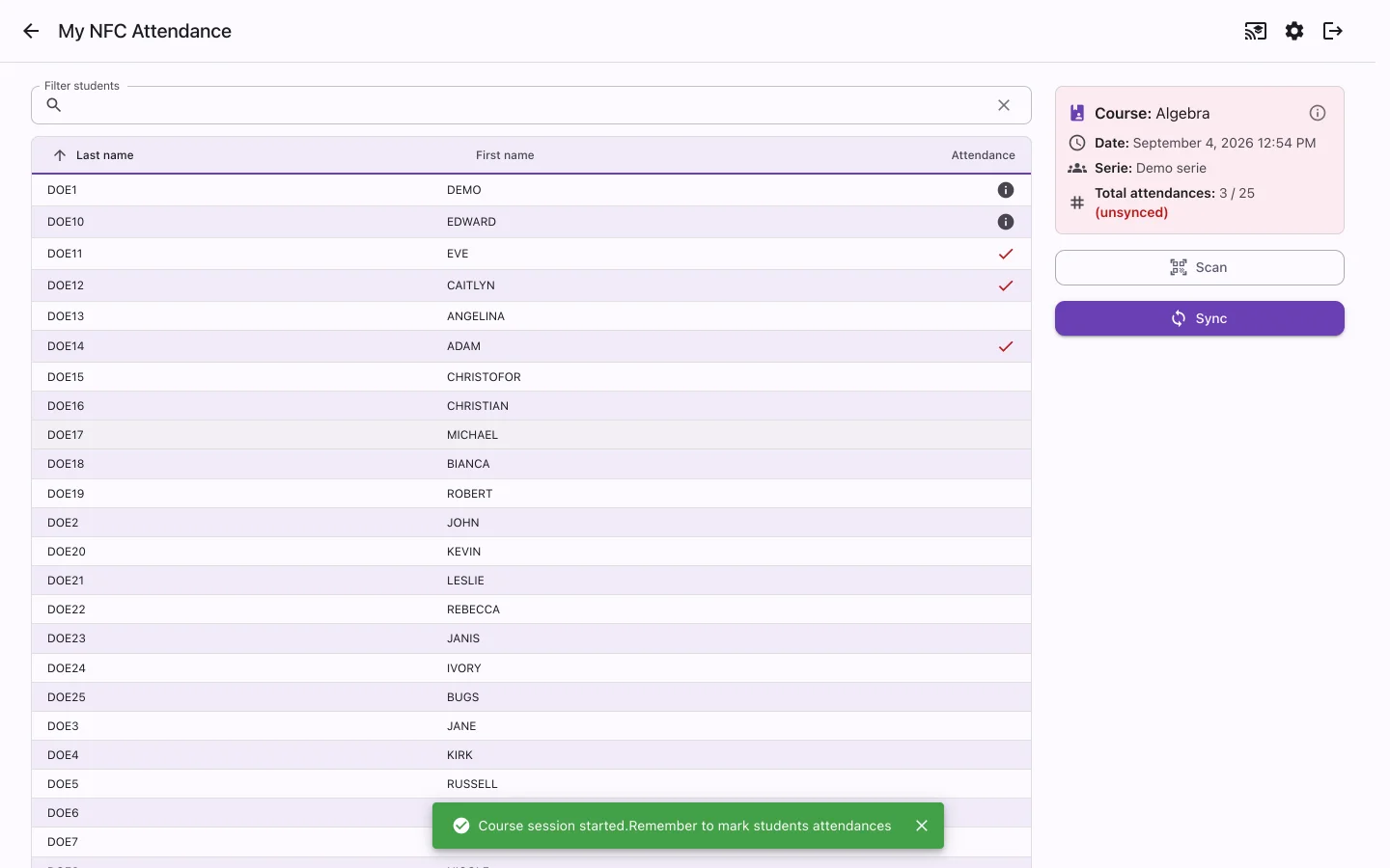 A live attendance session in the web app on desktop, with a searchable roster and Scan and Sync buttons in the side panel